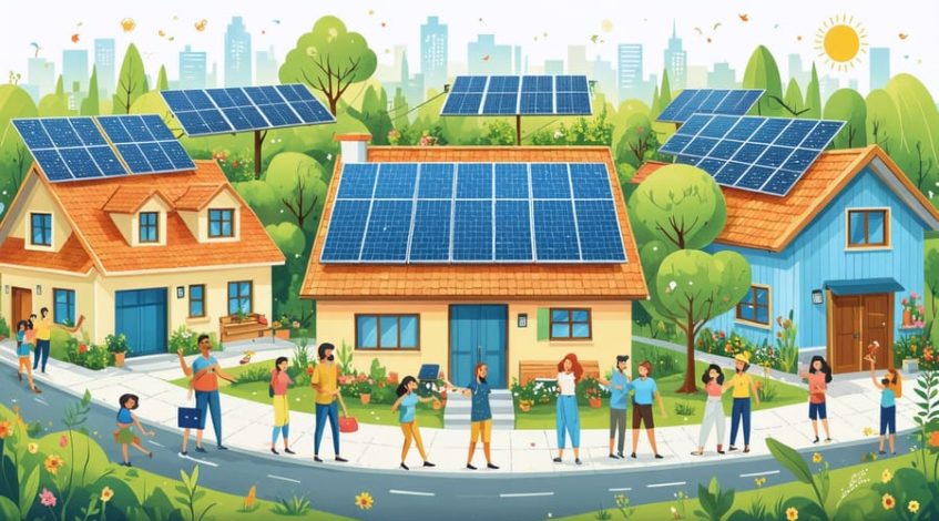 Illustration of a community benefiting from solar energy with diverse buildings featuring solar panels and a solar farm, highlighting smart energy investment and communal participation.