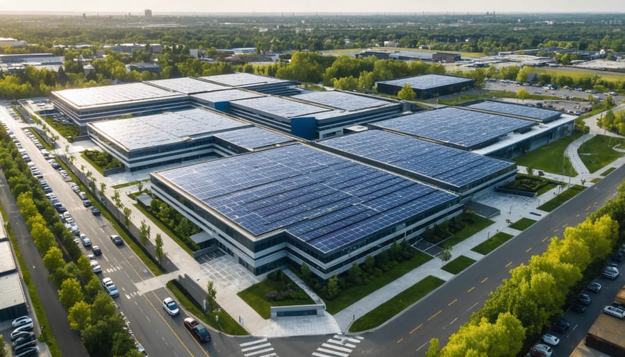 Modern office building with rooftop covered in solar panels showing corporate solar implementation