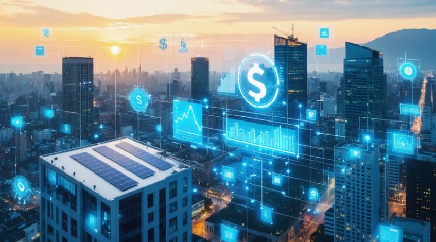 Illustration of a corporate city skyline with solar panels on building rooftops, depicting the integration of solar energy in business infrastructure and highlighting themes of sustainability and financial savings.