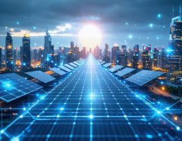 Conceptual illustration of a modern city with interconnected digital lines and skyscrapers featuring solar panels, representing the integration of digital commerce in solar energy.