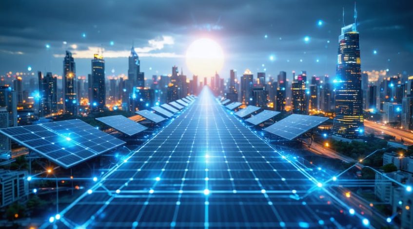 Conceptual illustration of a modern city with interconnected digital lines and skyscrapers featuring solar panels, representing the integration of digital commerce in solar energy.