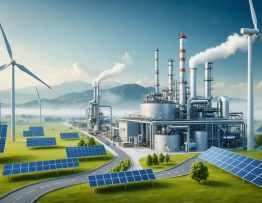 Conceptual image illustrating a futuristic industrial setting with carbon capture technology, solar panels, and wind turbines, symbolizing the integration of renewable energy and emissions reduction.