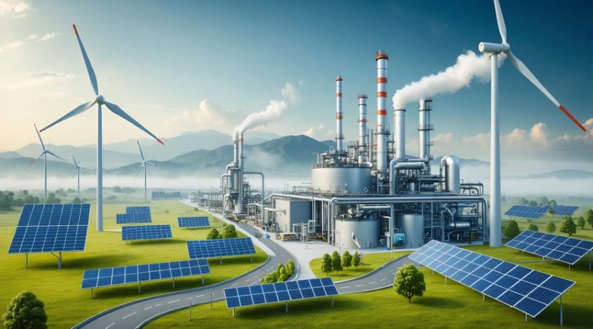 Conceptual image illustrating a futuristic industrial setting with carbon capture technology, solar panels, and wind turbines, symbolizing the integration of renewable energy and emissions reduction.