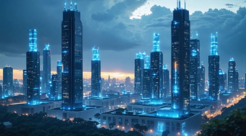 Illustration of a futuristic city skyline powered by glowing solid-state battery cells, representing the transformative impact of advanced energy storage technology.
