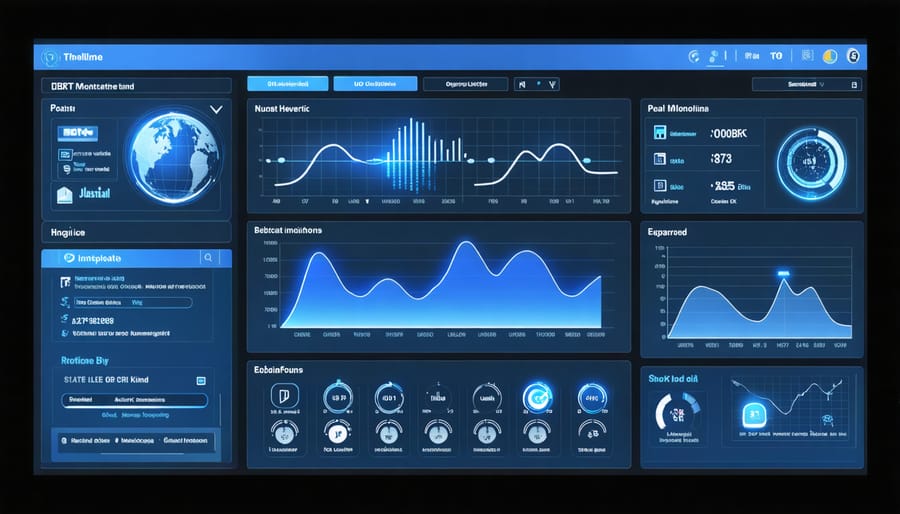 Smart grid management dashboard displaying real-time energy distribution data and control systems