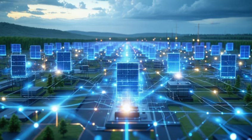 An artistic representation of interconnected battery systems forming a grid network, illustrating the integration of renewable energy and modern power infrastructure.