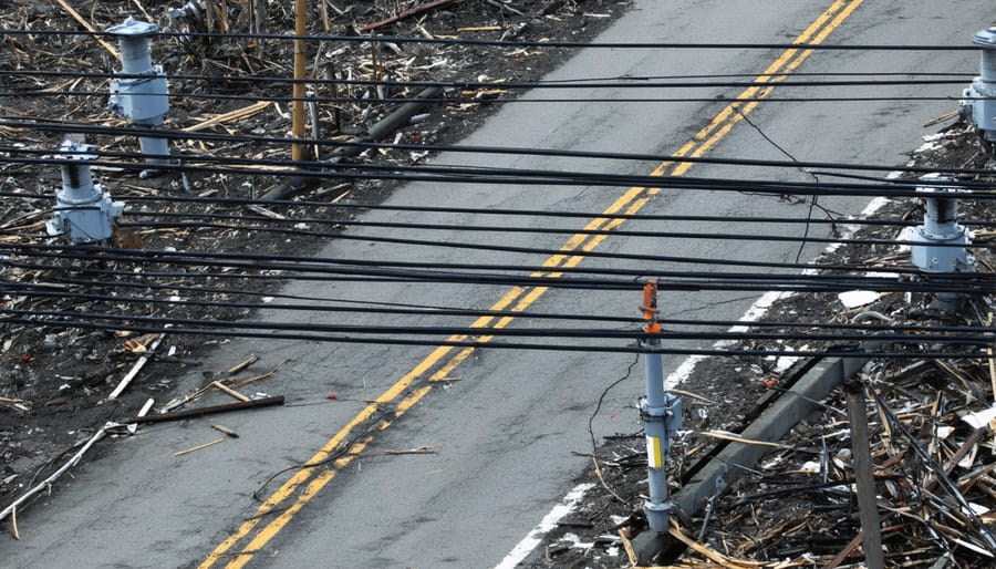 Downed power lines and utility poles scattered across a residential neighborhood following a severe storm
