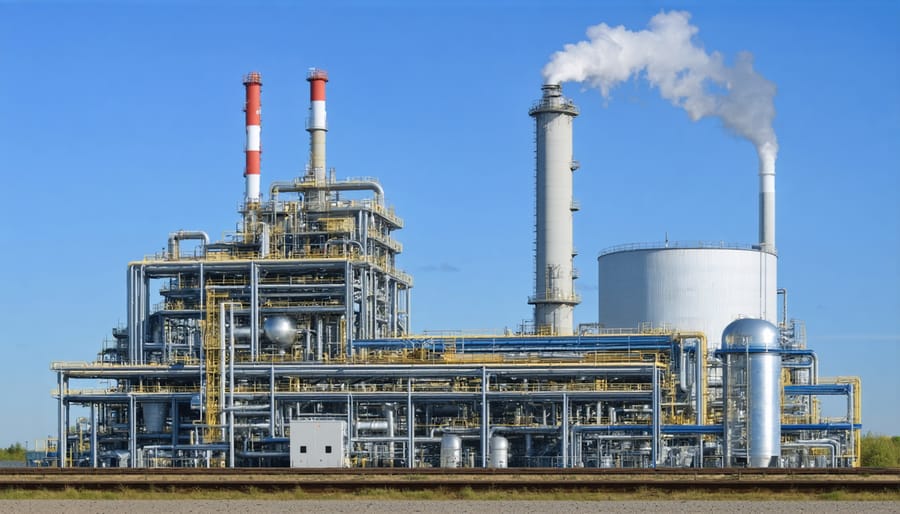 Large-scale carbon capture facility with visible capture units and storage tanks at an industrial site
