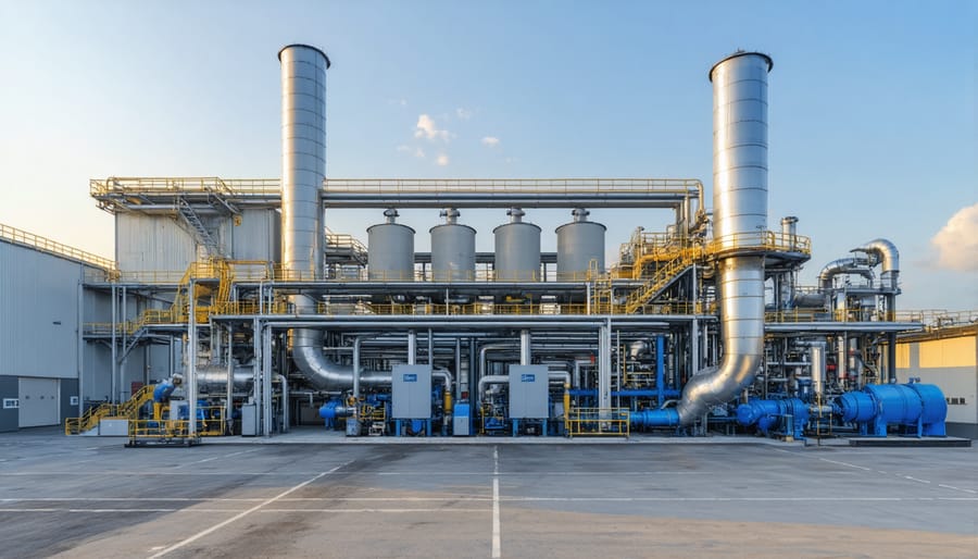 Industrial manufacturing plant showing thermoelectric energy harvesting systems installed on heat-producing equipment