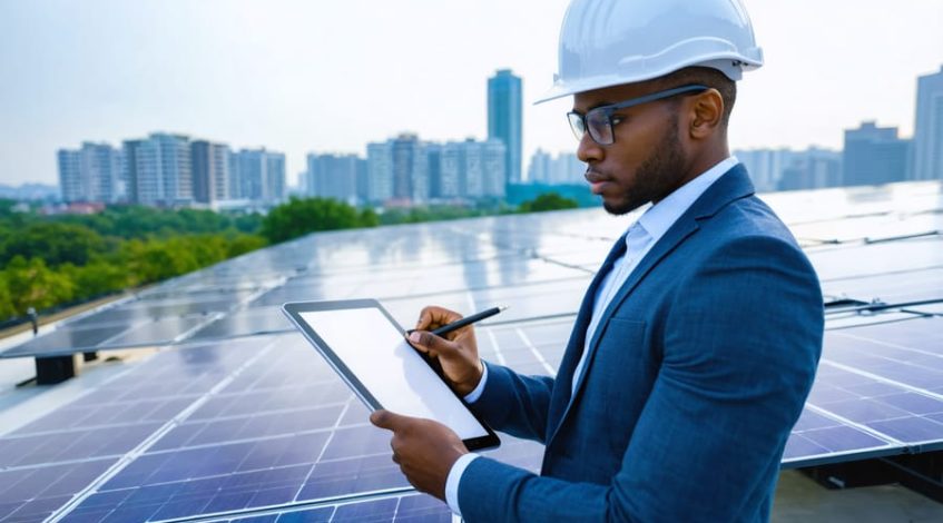 A tech-focused social media influencer inspecting a commercial solar panel array, using a tablet to analyze performance data with a city skyline in the backdrop.