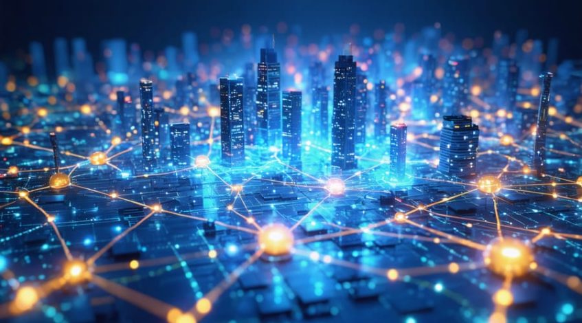 A conceptual illustration of a smart energy grid with connected nodes representing real-time data exchange and sustainable energy distribution.