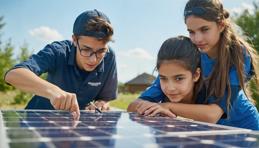 Students engaged in interactive solar panel demonstration with educational video playing in background