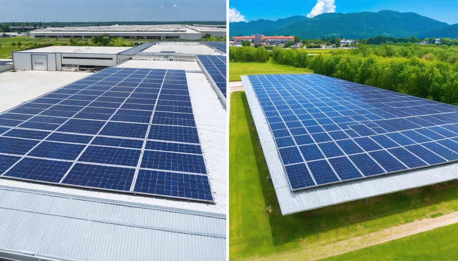 Comparison of industrial facility before and after solar panel installation