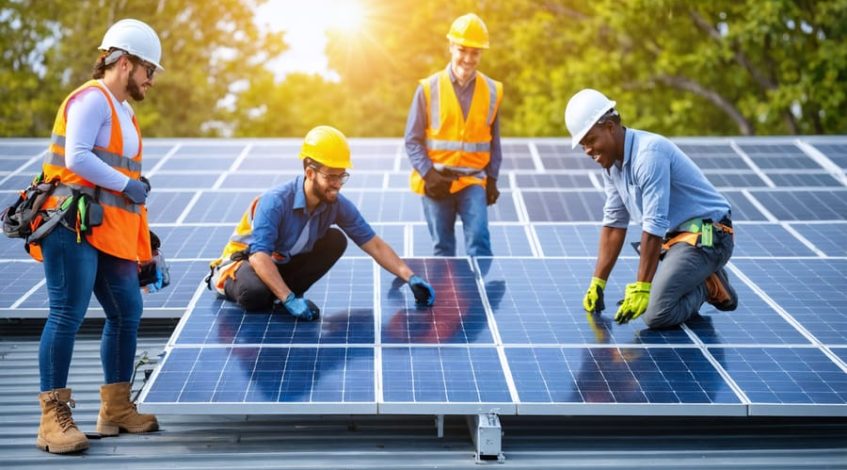 A diverse group of solar technicians and nonprofit staff collaborating on a community center's rooftop solar panel installation, symbolizing the transition to clean energy.