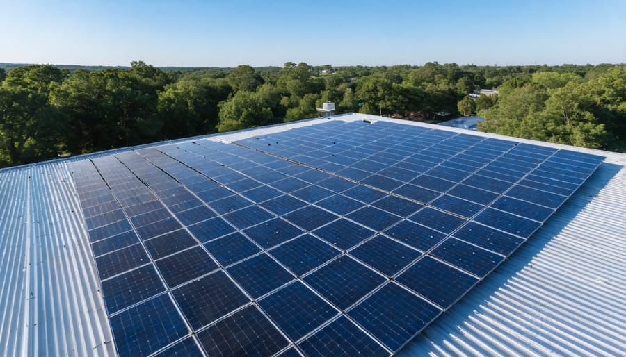 Large-scale solar panel installation on the roof of a community center with people visible below