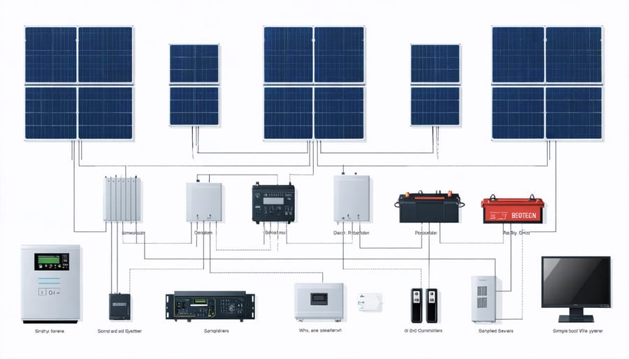 Technical diagram illustrating the interconnected components of an off-grid solar power system