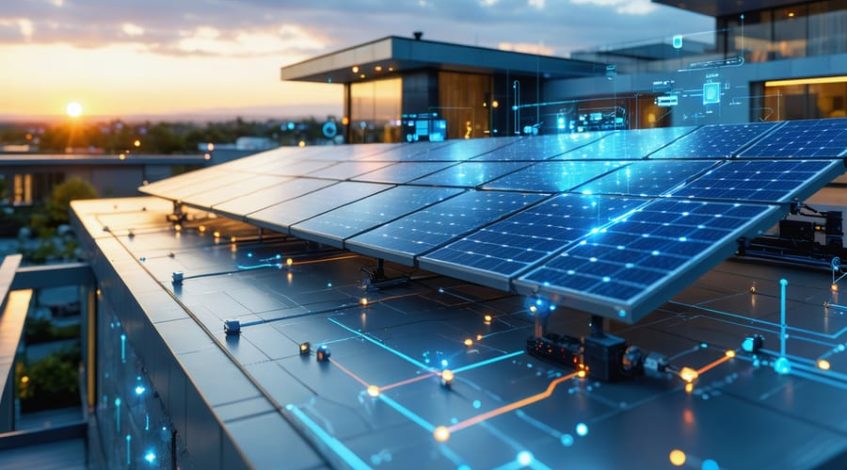 Conceptual illustration of a futuristic off-grid solar system with advanced technology, displaying interconnected solar panels, battery storage, and a digital control hub in a commercial setting during sunrise or sunset.