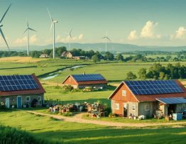 A rural landscape featuring solar panels on rooftops, wind turbines in the background, and a bustling community market, illustrating the impact of clean energy policies on rural development.