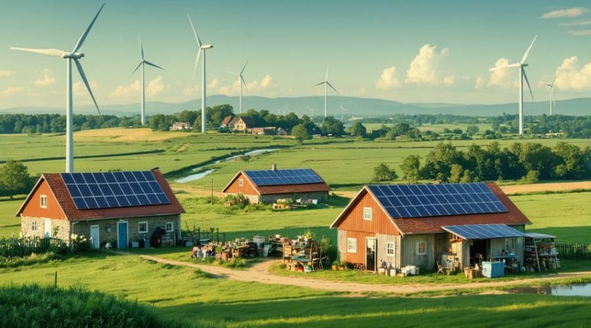 A rural landscape featuring solar panels on rooftops, wind turbines in the background, and a bustling community market, illustrating the impact of clean energy policies on rural development.