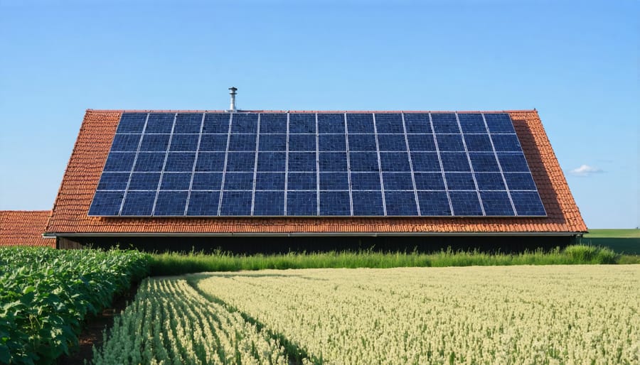 Rural farmhouse with rooftop solar installation against pastoral backdrop