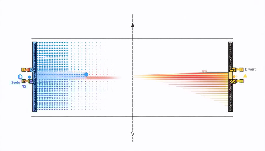 Technical illustration of the Seebeck effect showing temperature differential and electron flow between semiconductors