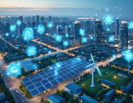 A futuristic cityscape showing solar panels on rooftops, integrated wind turbines, and electric vehicle charging stations, interconnected by a smart grid system represented by energy flow lines.