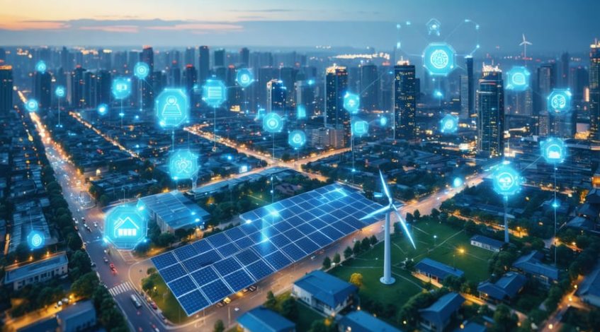 A futuristic cityscape showing solar panels on rooftops, integrated wind turbines, and electric vehicle charging stations, interconnected by a smart grid system represented by energy flow lines.