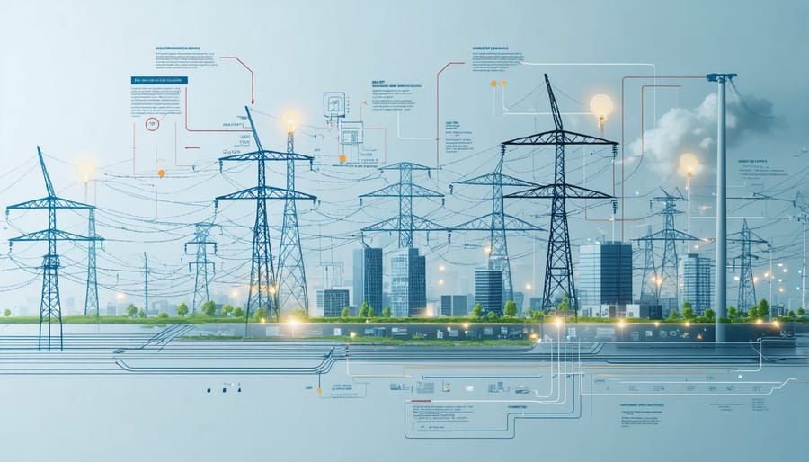 Interactive diagram of smart grid infrastructure connecting various urban energy components