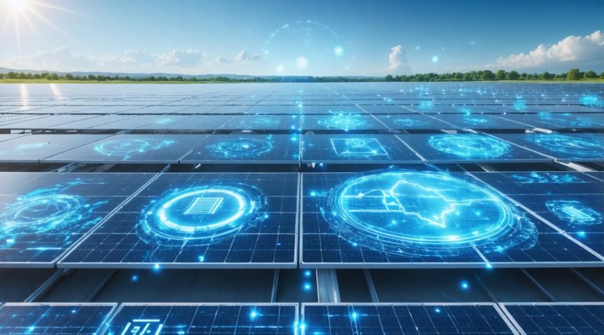 Futuristic solar energy farm with a network of solar panels, displaying real-time data overlays, integrated with a modern control room and advanced battery storage systems under a sunny sky.