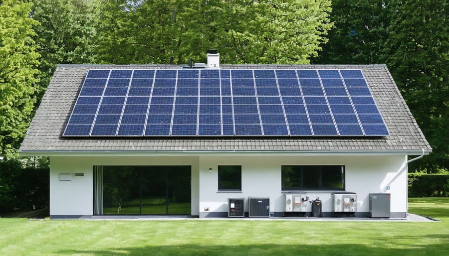 Residential rooftop solar panels connected to a wall-mounted battery storage unit
