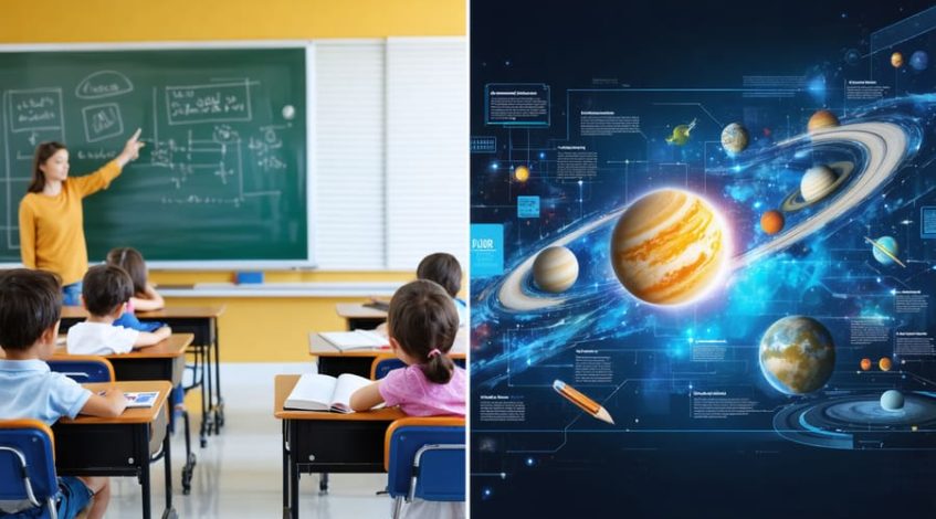 Split-screen comparison of a traditional classroom setting with textbooks and chalkboards versus a modern digital learning environment using interactive solar system videos.