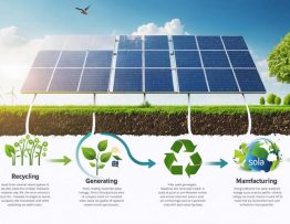 Conceptual depiction of the solar panel lifecycle, illustrating raw material extraction, manufacturing, energy generation, and recycling, with sustainability elements symbolized throughout.