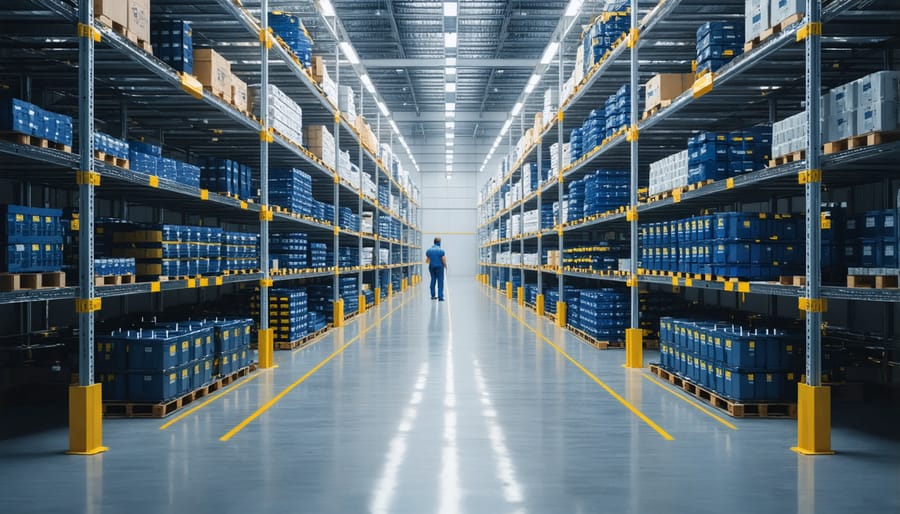 Solar equipment warehouse showing organized storage of panels and battery systems