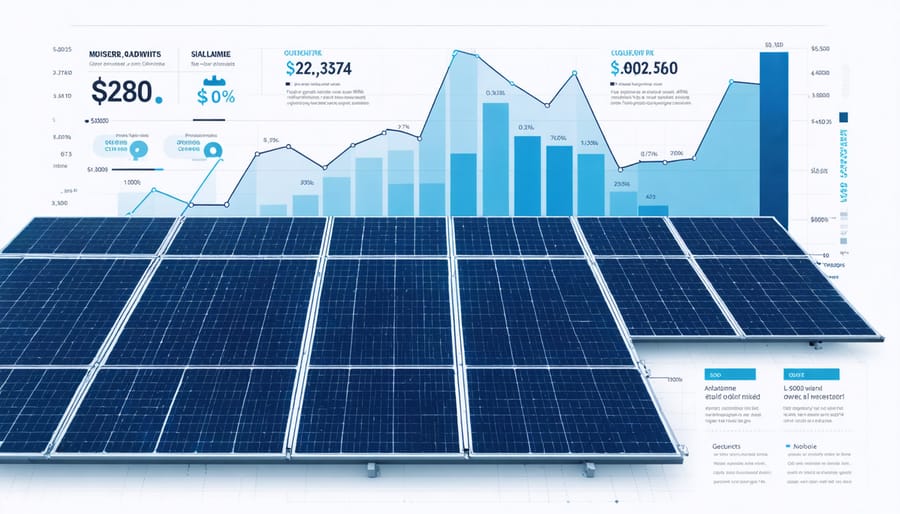 Solar panel array with financial charts and investment metrics overlay