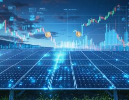 A vast solar farm with superimposed data charts and financial symbols, symbolizing the fusion of finance and technology in advancing global solar energy projects.