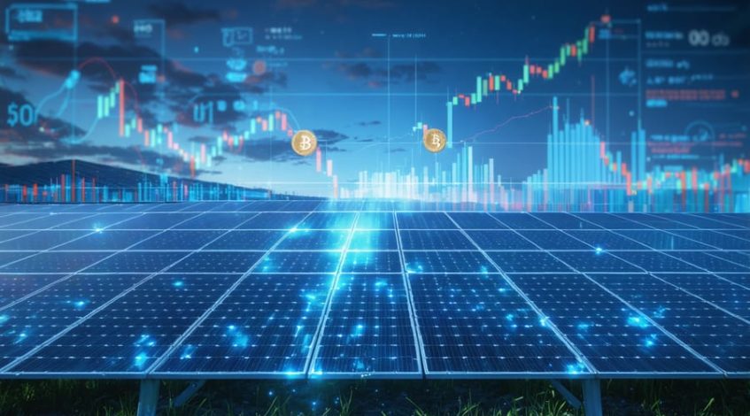A vast solar farm with superimposed data charts and financial symbols, symbolizing the fusion of finance and technology in advancing global solar energy projects.