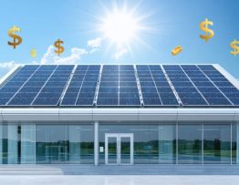 Modern commercial building with extensive rooftop solar panels, bathed in sunlight, symbolizing the transformation into a profit center through solar incentives.