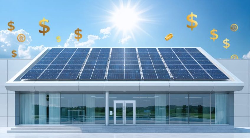 Modern commercial building with extensive rooftop solar panels, bathed in sunlight, symbolizing the transformation into a profit center through solar incentives.