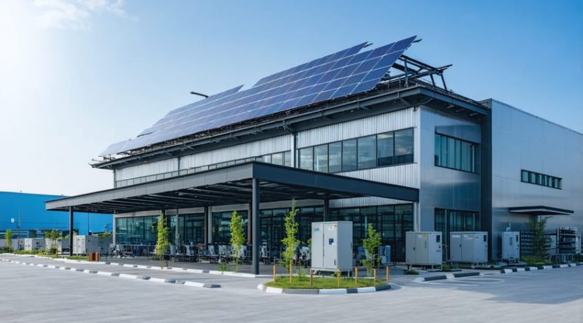 Commercial building with rooftop solar panels and a ground-level hybrid battery system, illuminated by sunlight, representing energy independence and advanced solar technology solutions.