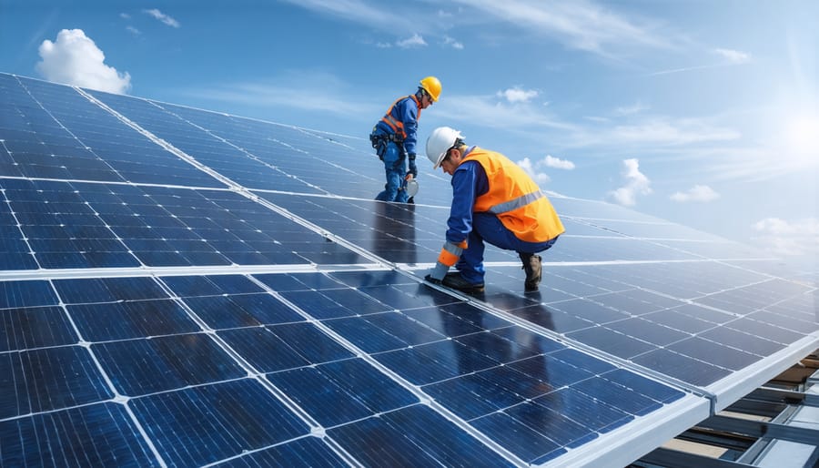 Installation technicians mounting solar panels on commercial rooftop