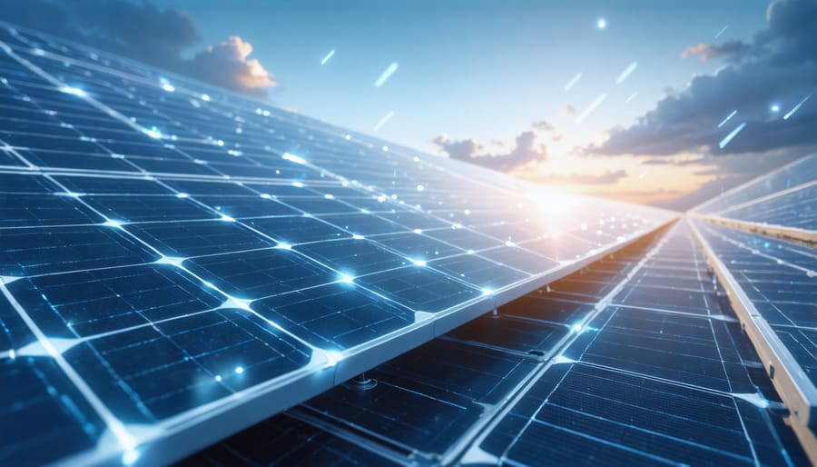 Solar panel installation with integrated IoT sensors displaying performance monitoring