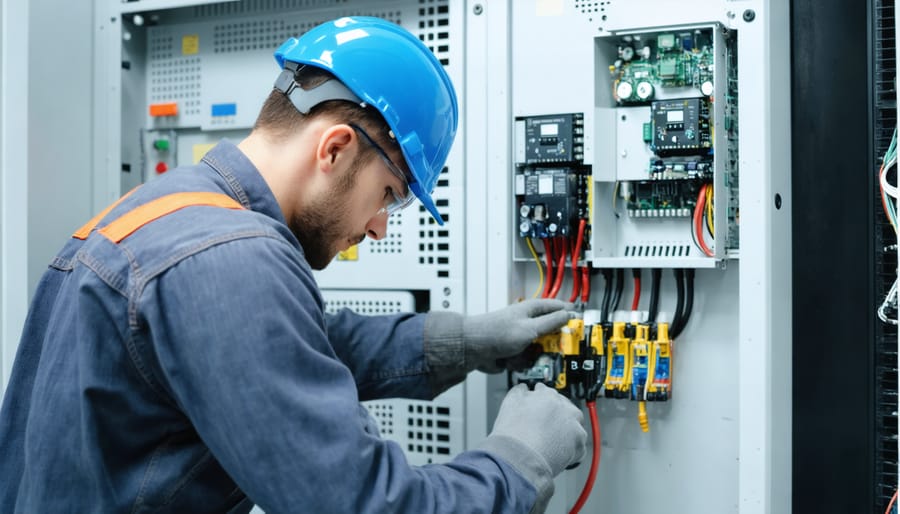 Solar maintenance technician inspecting battery storage system and inverter