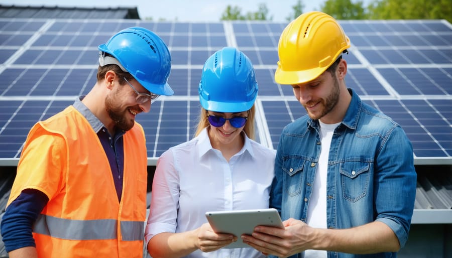 Professional solar technicians collaborating with nonprofit representatives during installation planning