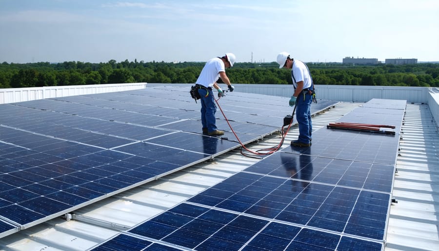 Installation team mounting solar panels on commercial warehouse rooftop