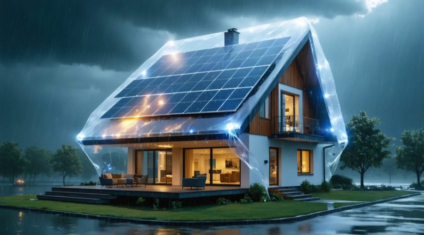 Conceptual image of a house with rooftop solar panels enveloped in a protective energy shield, symbolizing resilience against a stormy backdrop.