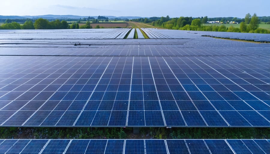 Aerial view of utility-scale solar installation with risk metrics visualization