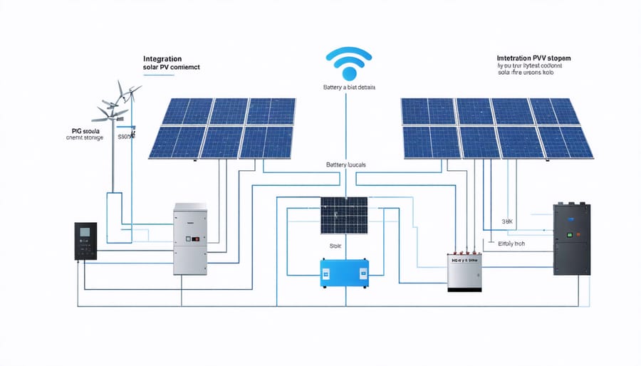 Technical diagram of solar panels connected to battery storage system with power flow indicators