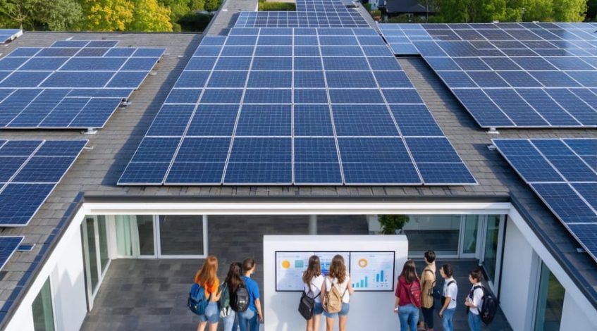 Aerial view of a school with solar panels on rooftops and students engaging with solar energy monitoring systems, representing educational and environmental sustainability.