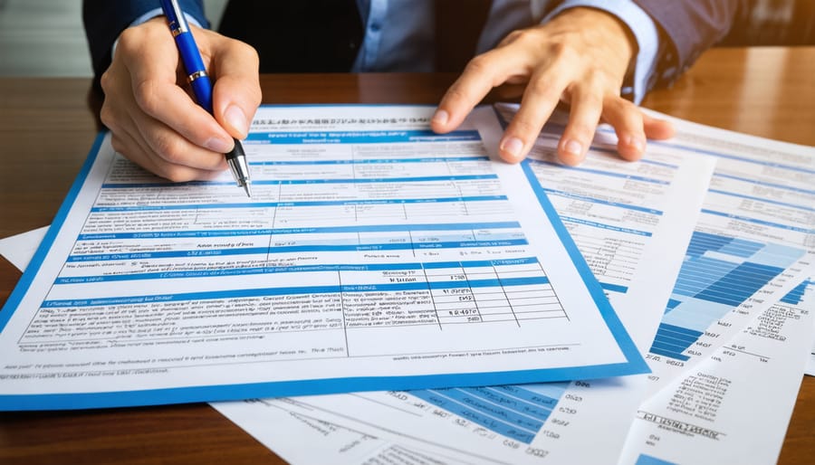 Financial advisor analyzing solar lease agreements and IRS tax credit forms