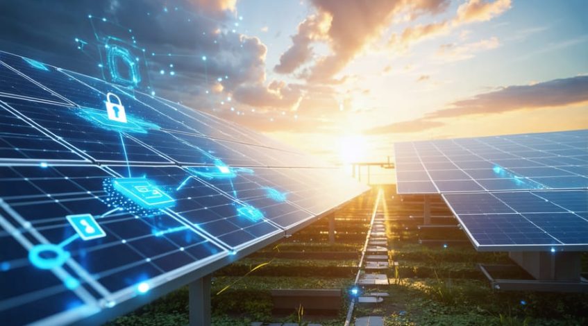 Illustration of a solar panel system integrated into a digital network with data nodes and lock icons, highlighting cybersecurity for solar energy.